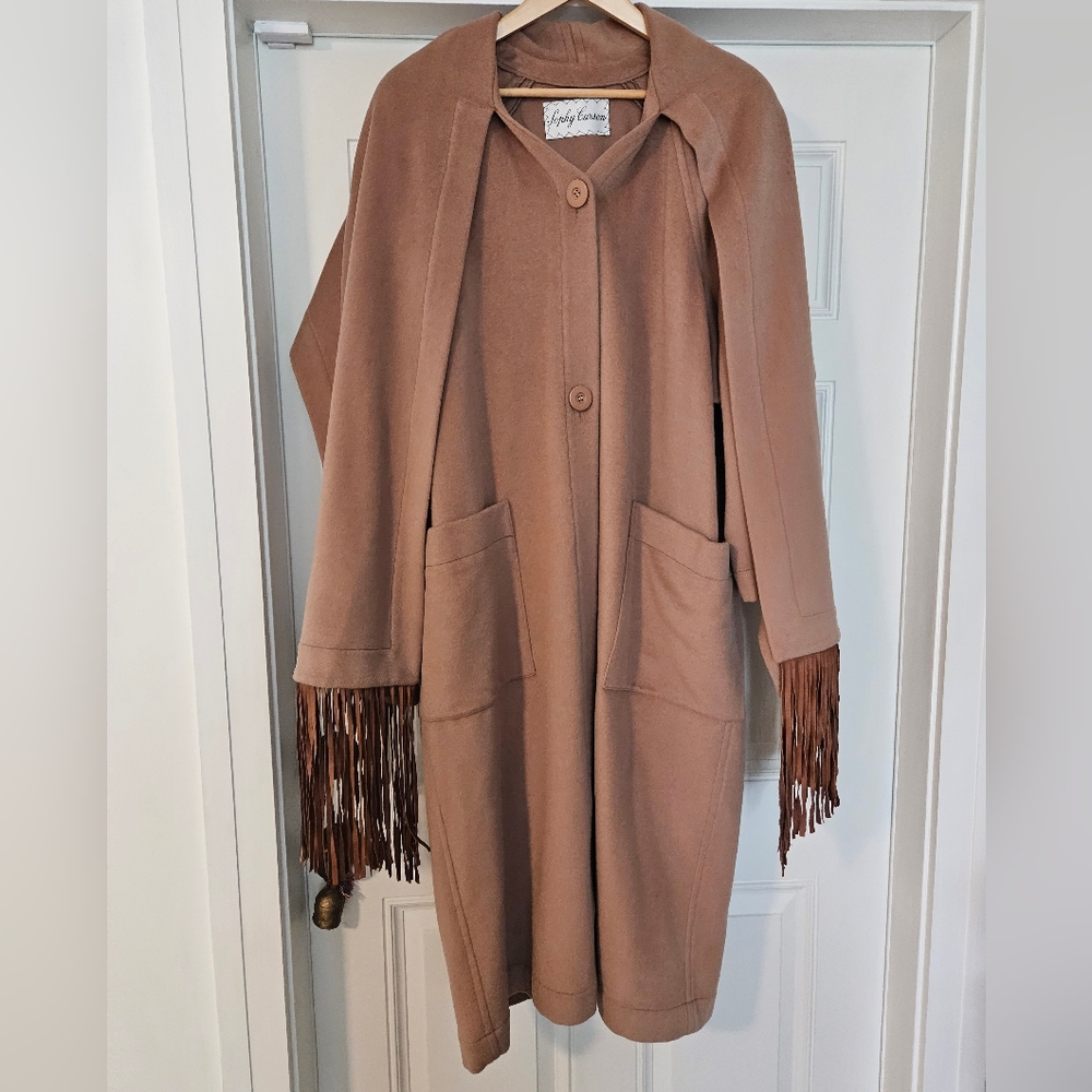 Vintage Sophy Curson light brown tan coat with fringe shawl